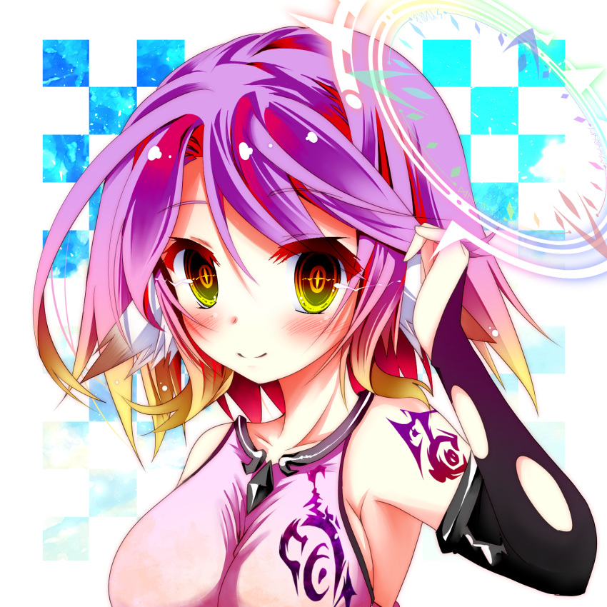 +_+, 1girl, alternate_hair_length, alternate_hairstyle, armpits, bangs, bare_shoulders, blush