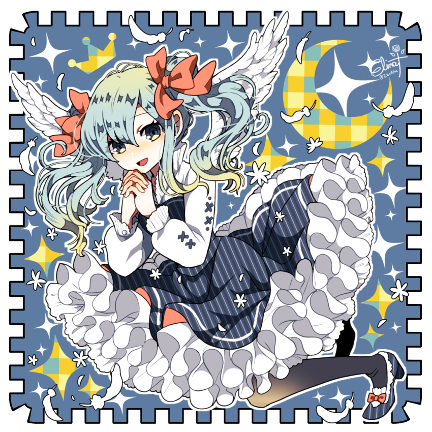 1girl, angel, angel_wings, artist_name, black_legwear, blue_eyes, bow, commentary_request