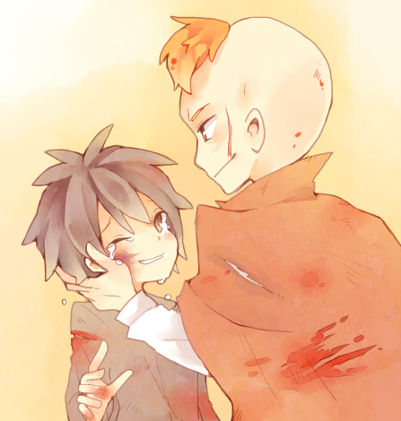 2boys, black_hair, blood, bloody_clothes, cape, chibi, darren_shan, facial_scar