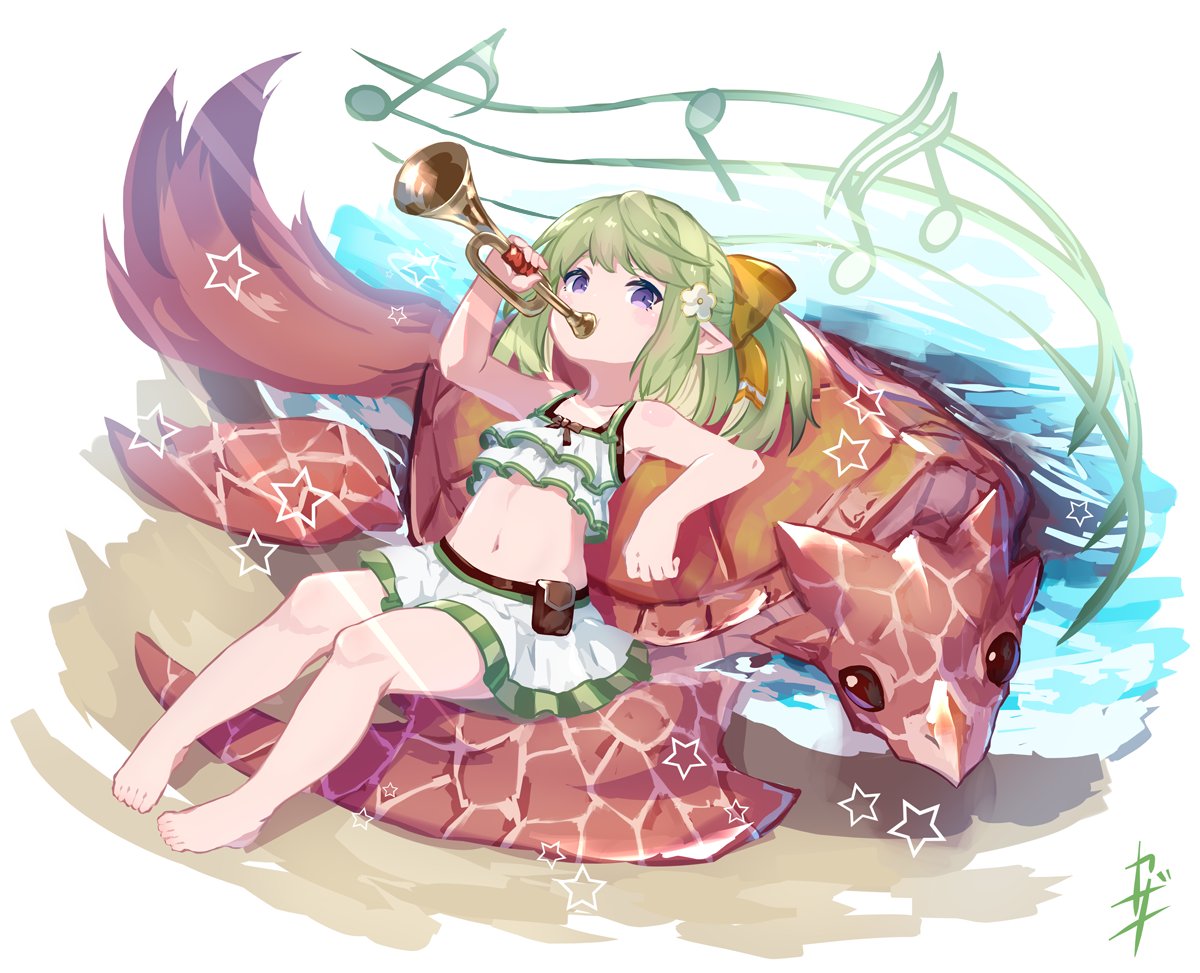 1girl, beach, bikini, bugle, granblue_fantasy, green_hair, harvin, instrument