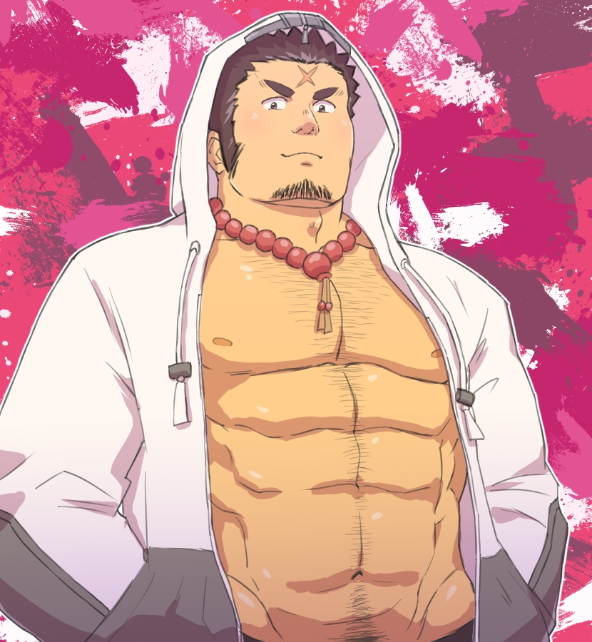 1boy, bara, beard, brown_hair, chest, chest_hair, facial_hair, forehead_scar