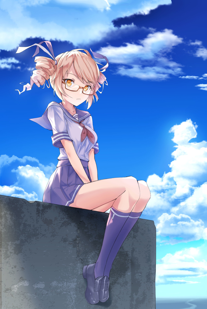 absurdres, ahoge, aisha_(king's_raid), alternate_costume, ascot, bangs, blonde_hair, breasts, clouds, cloudy_sky, collarbone, concrete, drill_hair, expressionless, eyebrows_visible_through_hair, full_body, glasses, highres, king's_raid, kneehighs, legs_together, looking_at_viewer, mary_janes, medium_breasts, ocean, purple_legwear, purple_ribbon, purple_skirt, red-framed_eyewear, ribbon, school_uniform, semi-rimless_eyewear, shoes, short_hair, sitting, skirt, sky, sunlight, swept_bangs, twintails, v_arms, vladislav_ton, water, wind, yellow_eyes