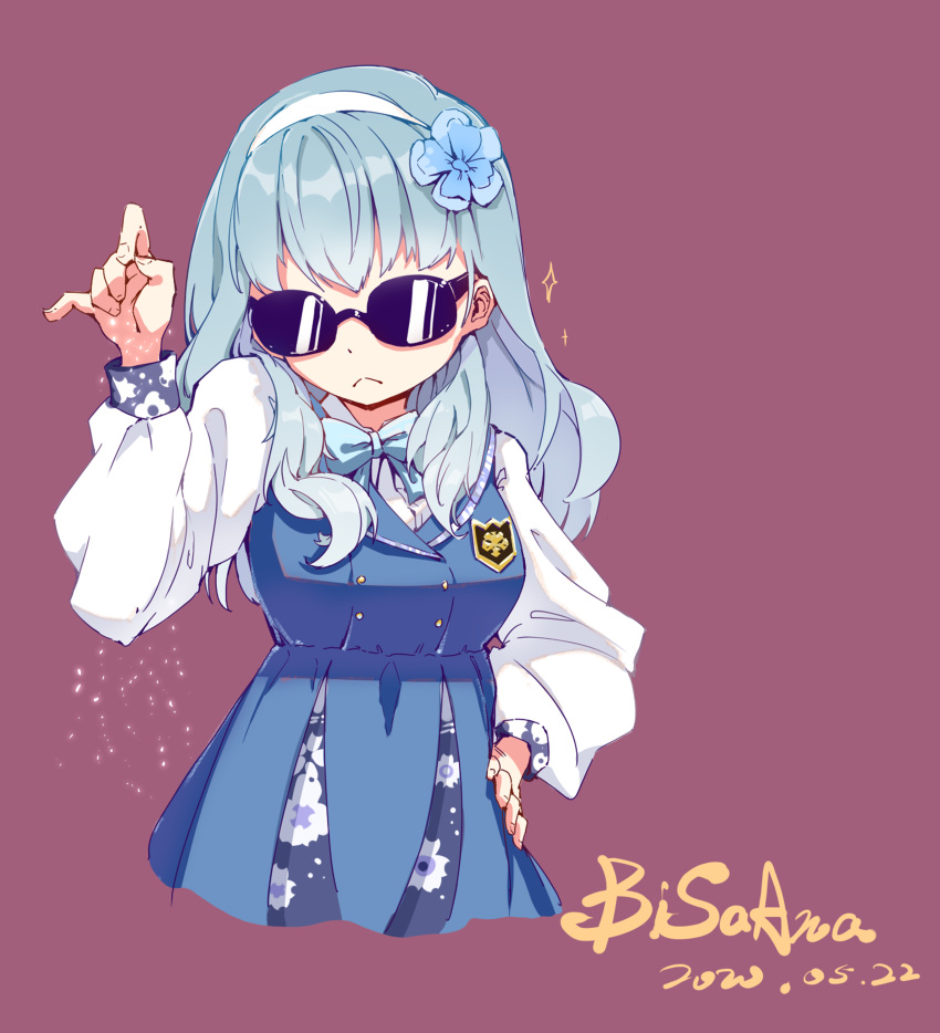 1girl, absurdres, artist_name, bisaana, blue_bow, blue_dress, blue_hair, bow