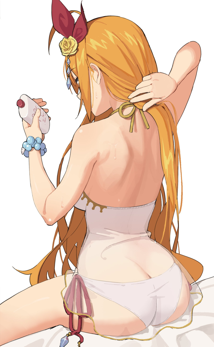 1girl, absurdres, ahoge, alternate_costume, back, bangs, bead_bracelet, beads