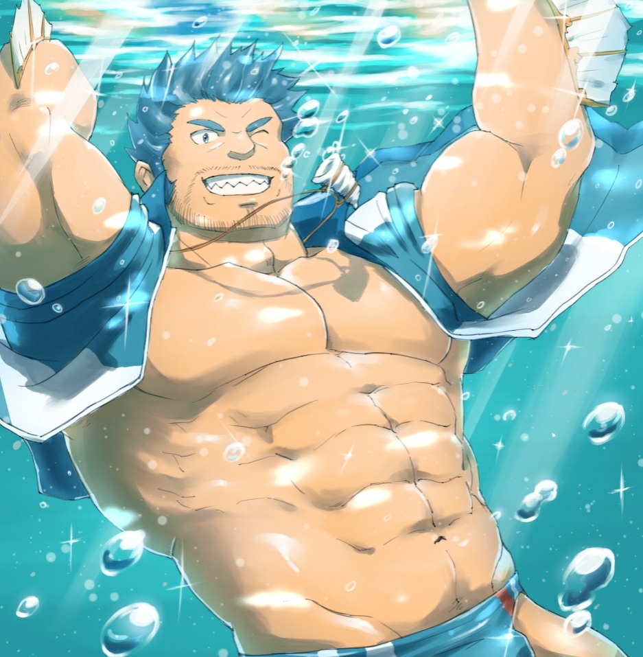 1boy, abs, bara, blue_eyes, brown_hair, chest, facial_hair, male_focus