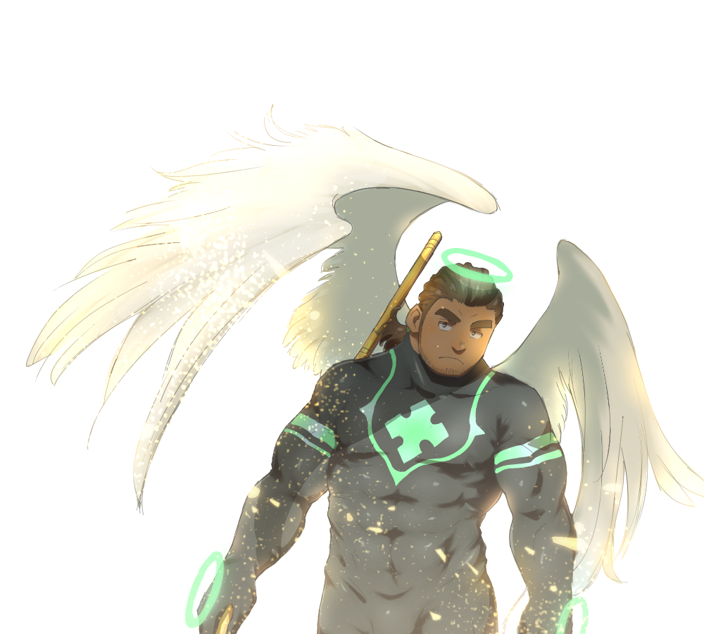 1boy, angel, angel_wings, bara, beard, bodysuit, brown_hair, chest