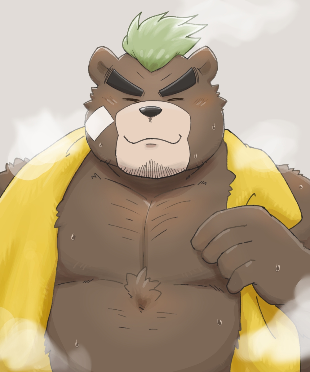 1boy, animal_ears, ashigara_(tokyo_houkago_summoners), bara, bear_boy, bear_ears, blush, brown_hair