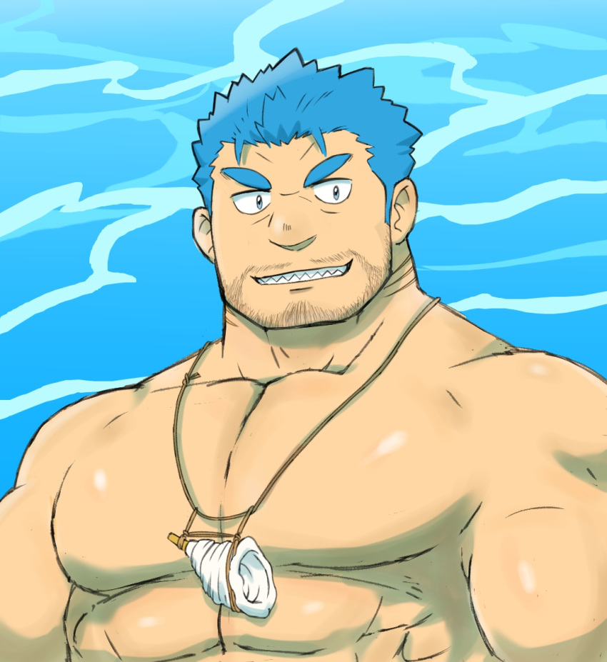 1boy, abs, bara, blue_eyes, blue_hair, brown_hair, chest, facial_hair