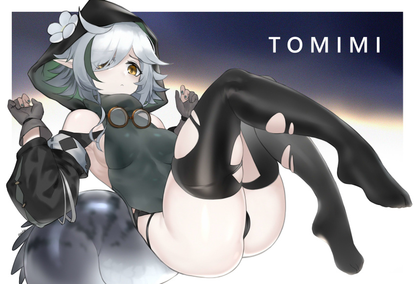 1girl, absurdres, ahoge, arknights, bangs, bare_shoulders, black_legwear, breasts