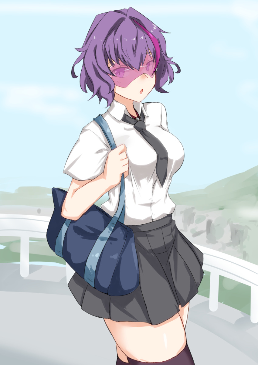 1girl, :o, android, bag, bangs, between_breasts, black_legwear, black_skirt