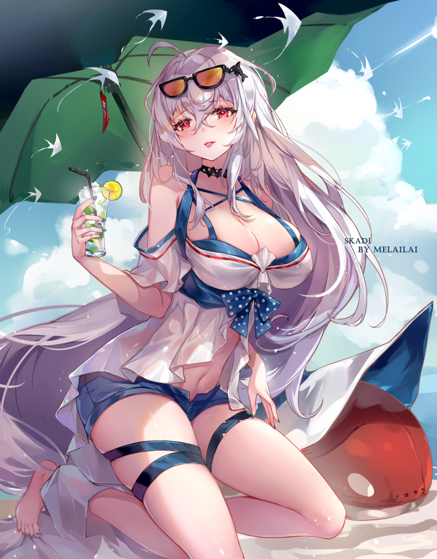 1girl, :d, alternate_costume, arknights, bangs, bare_shoulders, beach, breasts