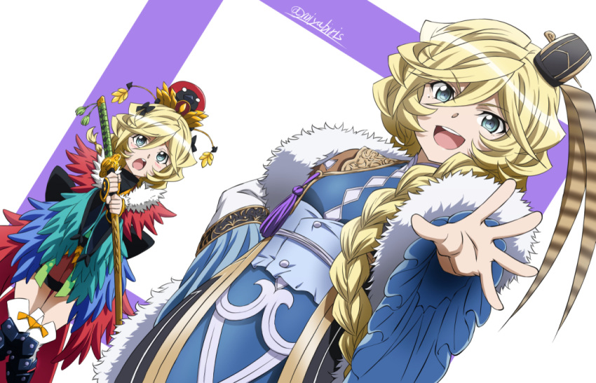 2girls, benienma_(fate/grand_order), benienma_(fate/grand_order)_(cosplay), blonde_hair, blue_eyes, braid, carol_malus_dienheim, cosplay