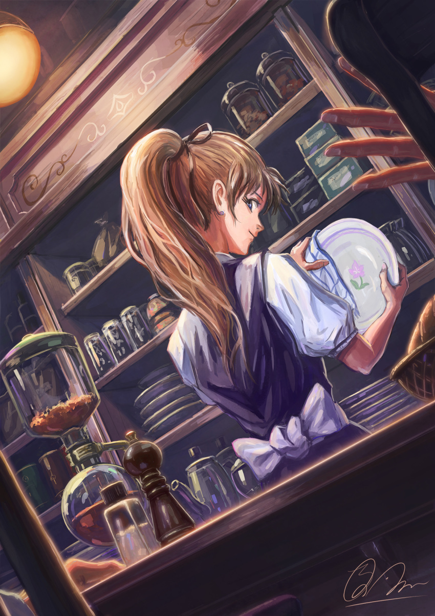 1girl, brown_hair, cafe, coffee, dutch_angle, highres, indoors, maid