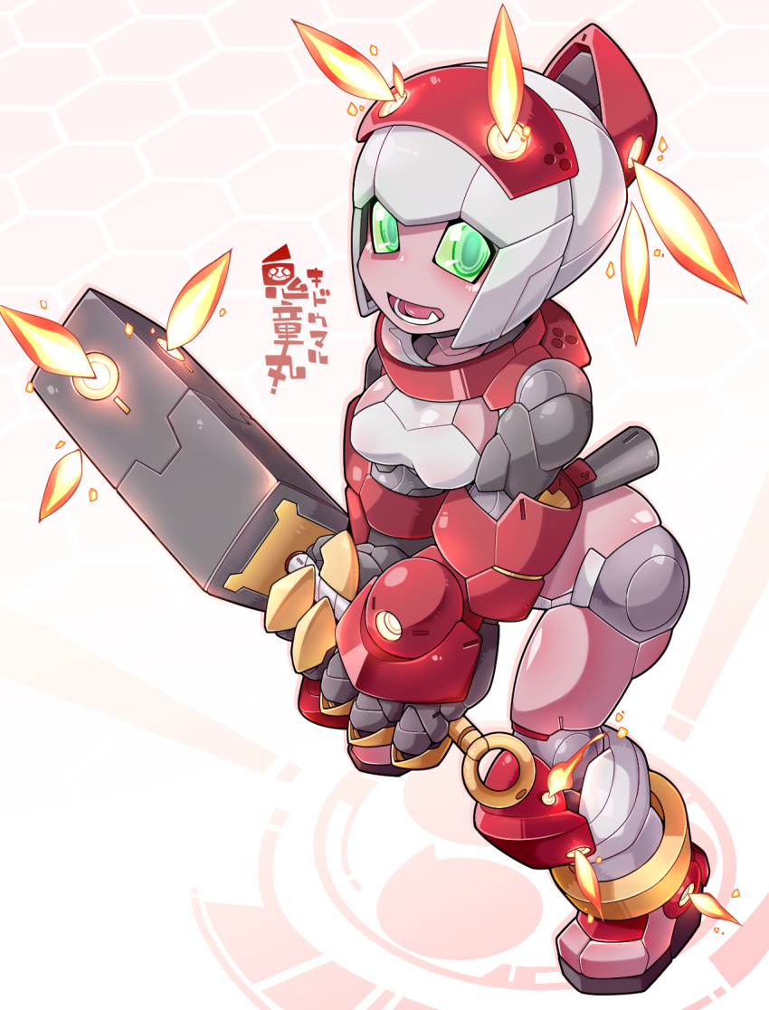 1girl, club, fire, green_eyes, highres, holding, holding_weapon, kni-droid