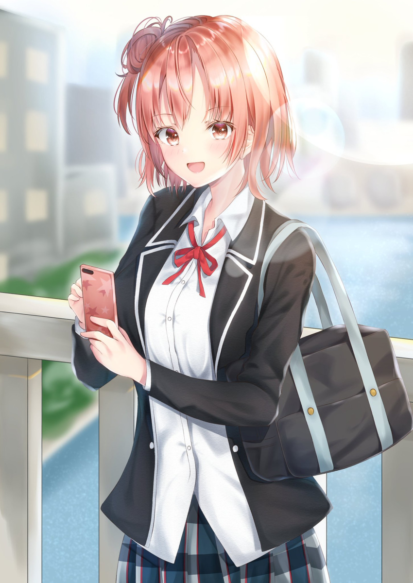1girl, :d, bag, black_jacket, blurry, blurry_background, breasts, cellphone