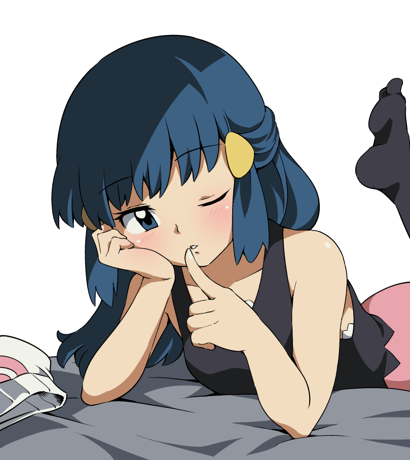 black_legwear, black_shirt, blue_eyes, blue_hair, finger_to_mouth, hair_ornament, hikari_(pokemon), index_finger_raised