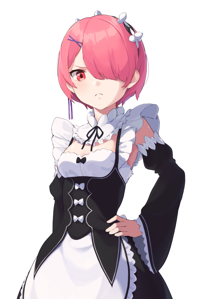 1girl, absurdres, apron, arm_at_side, bangs, black_bow, black_ribbon, blue_ribbon