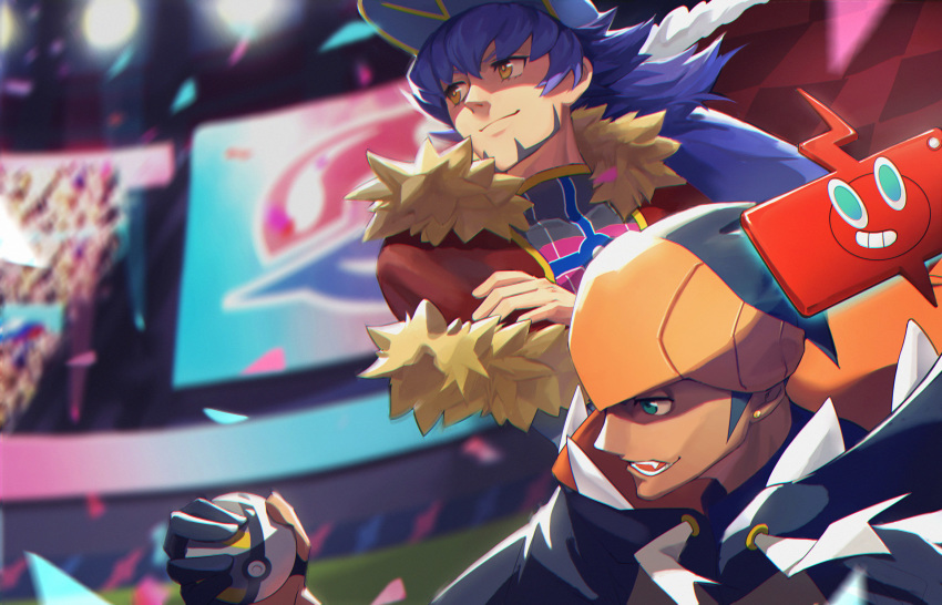 2boys, black_hair, cape, dande_(pokemon), dark_skin, dark_skinned_male, fang, gen_4_pokemon