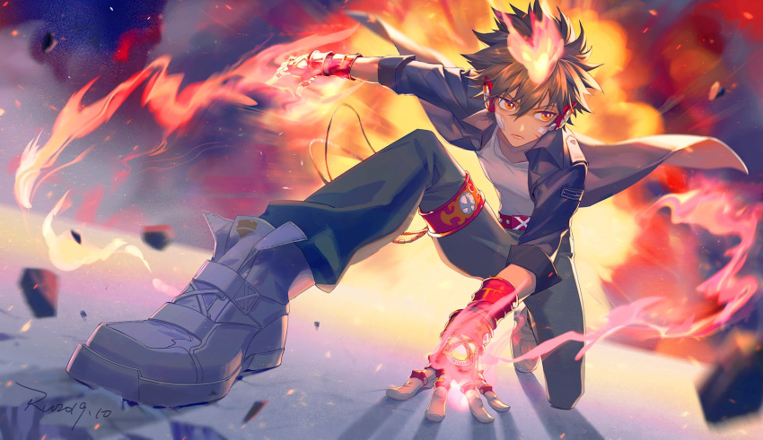 1boy, bandage_on_face, brown_hair, cuts, explosion, fingerless_gloves, fire, gloves