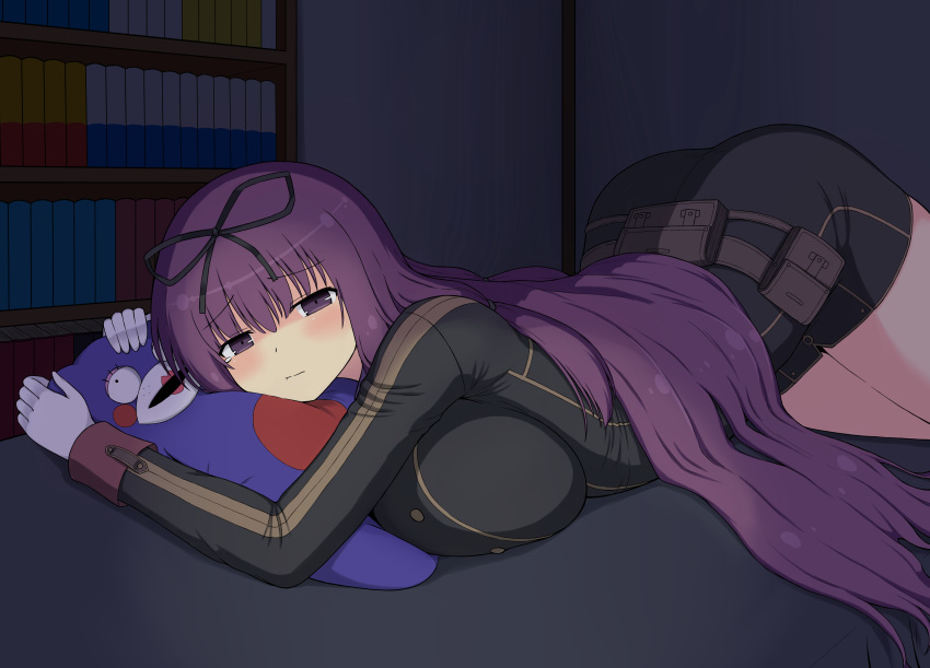 1girl, :t, absurdres, bangs, bebe-tan, belt_pouch, black_ribbon, blush, book, bookshelf, breast_press, breasts, gloves, hair_ribbon, highres, holding, holding_stuffed_animal, huge_breasts, indoors, johnny_(seek_as_1990sp), long_hair, looking_at_viewer, lying, military, military_uniform, murasaki_(senran_kagura), no_hat, no_headwear, on_bed, on_stomach, pouch, purple_hair, ribbon, senran_kagura, senran_kagura_new_link, solo, stuffed_animal, stuffed_toy, tears, teddy_bear, uniform, very_long_hair, violet_eyes, white_gloves