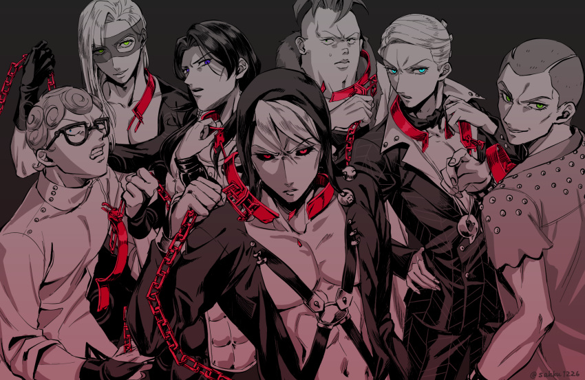 6+boys, aqua_eyes, black_sclera, blue_eyes, broken, broken_chain, chain, curly_hair