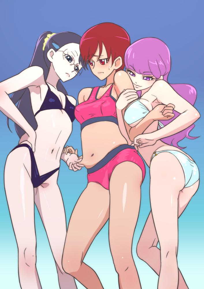 3girls, arm_hug, armpits, ass, belly_grab, bikini, black_bikini, black_eyes