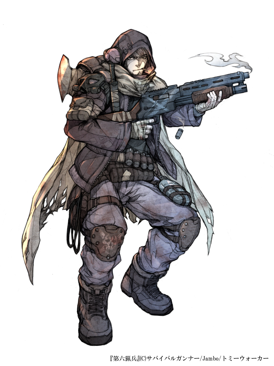 1boy, axe, boots, canteen, cigarette, dagger, dairoku_youhei, ds_hand55, gloves, gun, highres, hood, jacket, knee_pads, male_focus, original, sheath, sheathed, shotgun, smoke, smoking, solo, weapon, white_background