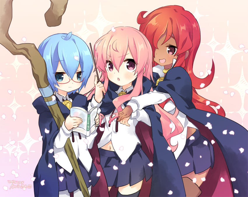 3girls, :3, :d, blue_eyes, blue_hair, cape, chibi, dark_skin