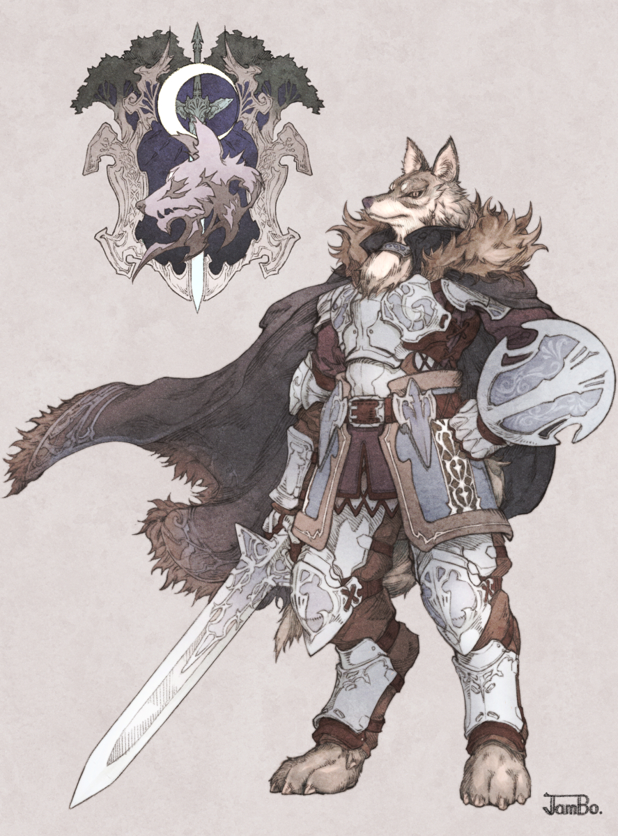 1boy, armor, buckler, cape, crescent_moon, ds_hand55, emblem, fantasy, furry, hand_on_hip, highres, holding, holding_sword, holding_weapon, male_focus, moon, original, shield, signature, simple_background, solo, sword, weapon, wolf