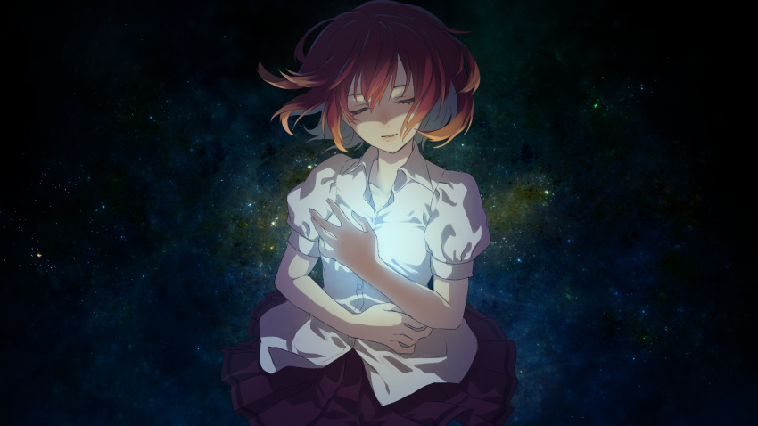 1girl, closed_eyes, collared_shirt, commentary, dress_shirt, floating_hair, highres, matsuda_toki