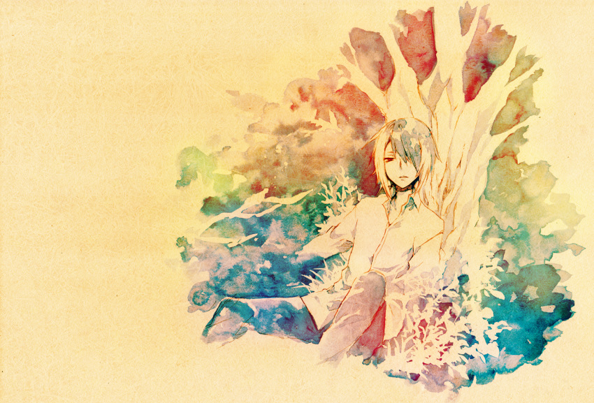 1boy, against_tree, collared_shirt, hair_over_one_eye, long_sleeves, male_focus, matsuda_toki, matsudappoiyo