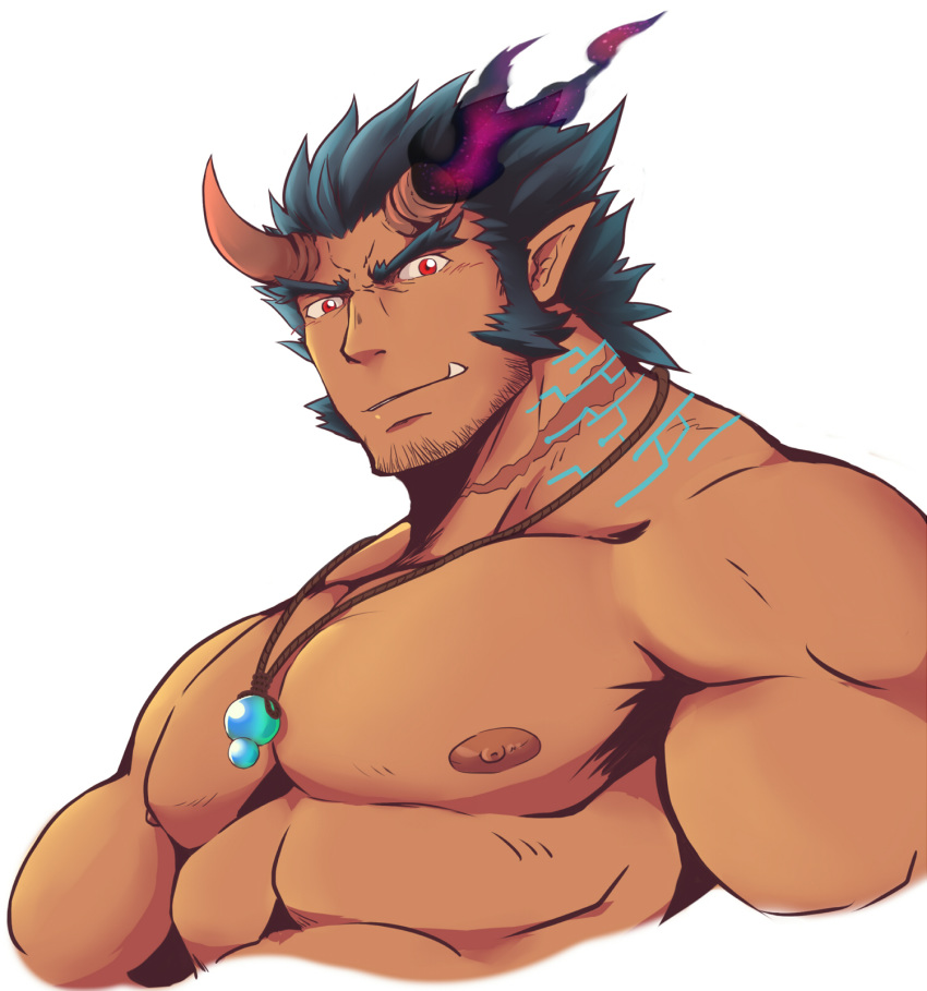 1boy, bara, chest, cropped_torso, dark_blue_hair, facial_hair, fang, highres, horns, jewelry, kagemaru_(bara), looking_at_viewer, male_focus, muscle, necklace, nipples, pectorals, scar, solo, takemaru_(tokyo_houkago_summoners), thick_eyebrows, tokyo_houkago_summoners, upper_body