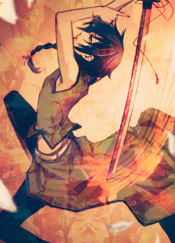 1boy, bare_arms, belt, black_nails, black_pants, blue_eyes, braid, chinese_clothes