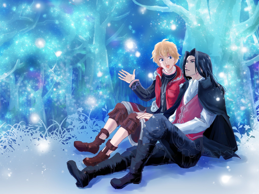2boys, :d, aqua_theme, black_cape, black_footwear, black_hair, blonde_hair, blue_eyes, cape, dunban, fog, forest, full_body, highres, long_hair, long_sleeves, multiple_boys, nature, open_mouth, outdoors, red_vest, shirt, shulk, sitting, smile, umeumeboshino, vest, white_shirt, xenoblade_(series), xenoblade_1