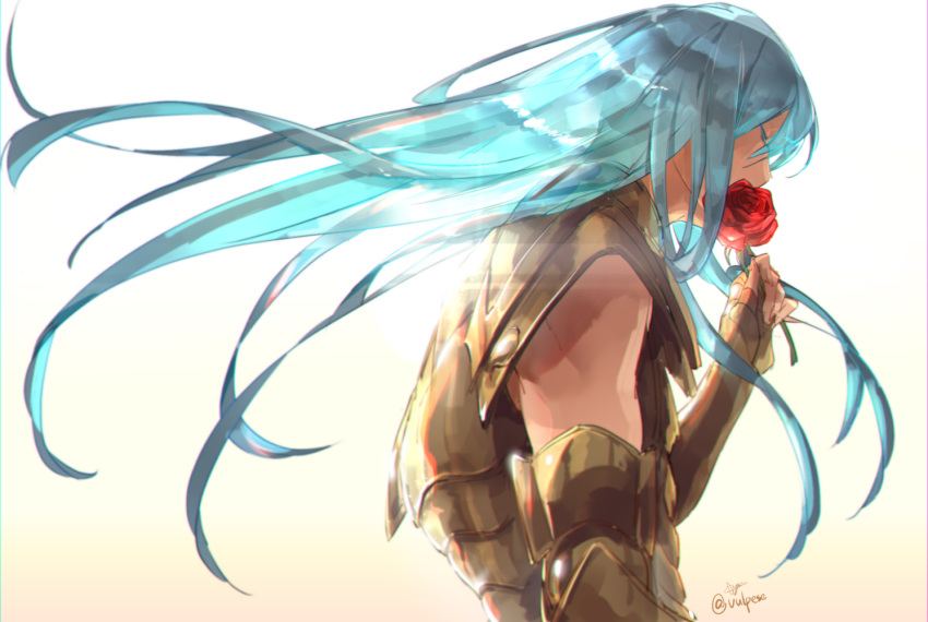 1boy, armor, blue_hair, eyes_closed, floating_hair, full_armor, golden_armor, holding_rose