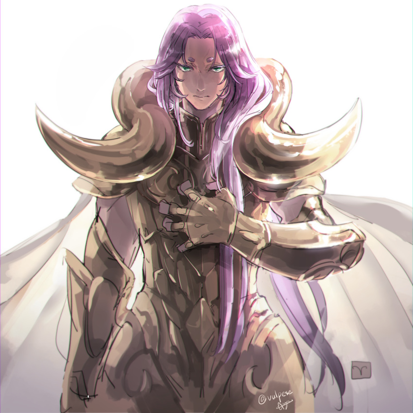 1boy, aries_mu, armor, cape, colored, facing_viewer, fingerless_gauntlets, golden_armor