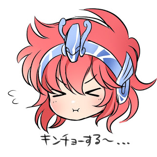 1girl, blush, chibi, equuleus_shoko, eyes_closed, face, female, kei_(siratori1986), red_hair, saint_seiya, saint_seiya_saintia_sho, simple_background, solo, tiara, translation_request