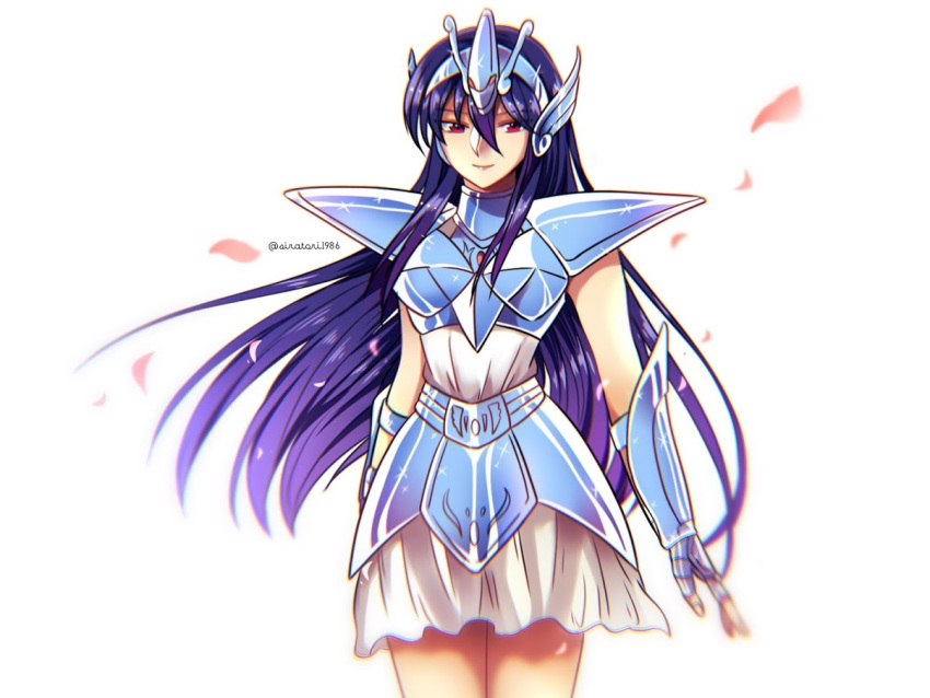 1girl, armor, blue_armor, equuleus_kyoko, facing_viewer, female, fingerless_gauntlets, floating_hair