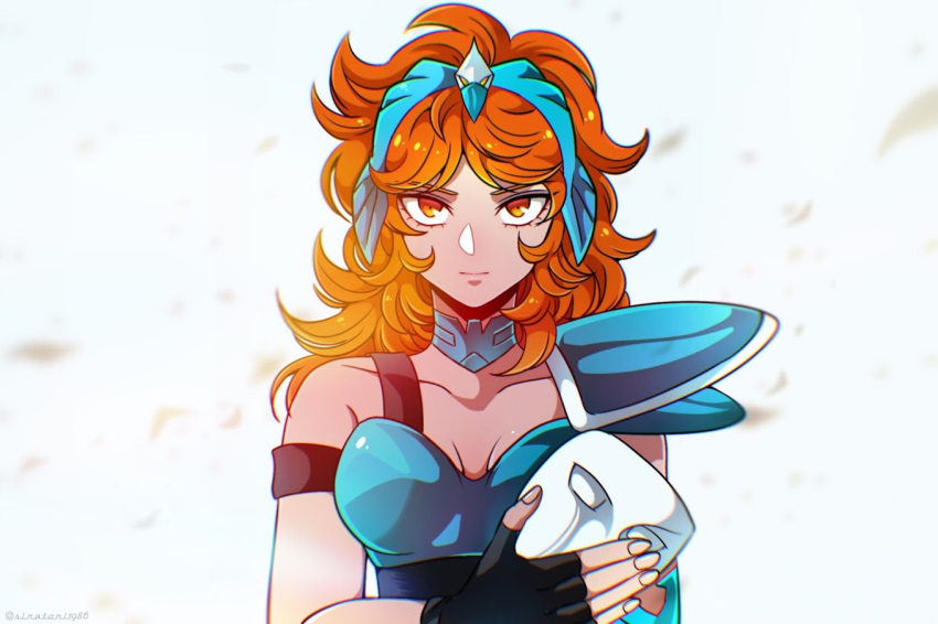 1girl, aquila_marin, breastplate, choker, facing_viewer, female, fingerless_gloves, holding_mask, kei_(siratori1986), looking_at_viewer, mask, medium_hair, orange_hair, red_eyes, red_hair, saint_seiya, saint_seiya_saintia_sho, serious, shoulder_pads, tiara