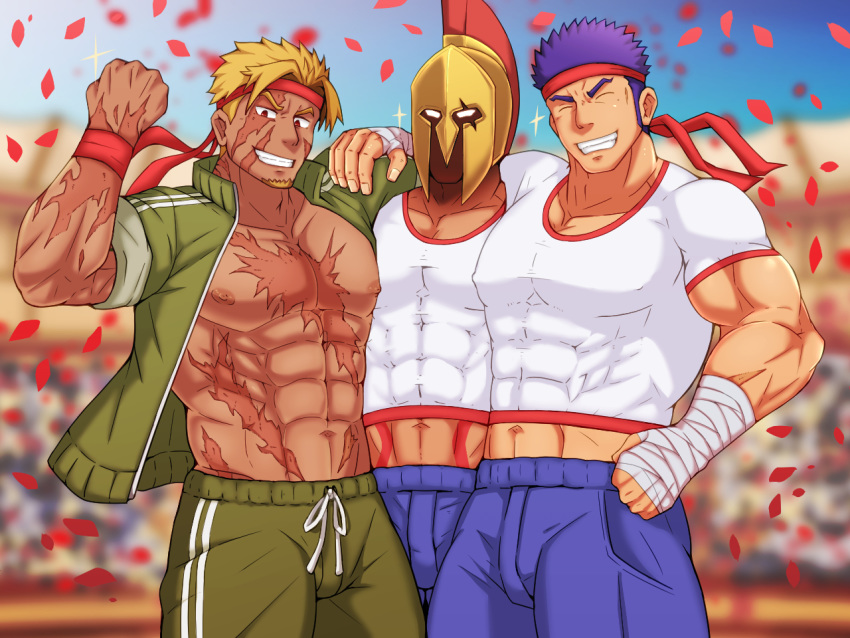 3boys, abs, alternate_costume, bandages, bara, beowulf_(fate/grand_order), blonde_hair, bulge, fergus_mac_roich_(fate/grand_order), flexing, headband, helmet, hug, leonidas_(fate/grand_order), male_focus, midriff, multiple_boys, muscle, muscle_cavalier_(fate/grand_order), navel, pectoral_docking, pose, purple_hair, red_eyes, scar, thick_thighs, thighs, vert_cypres