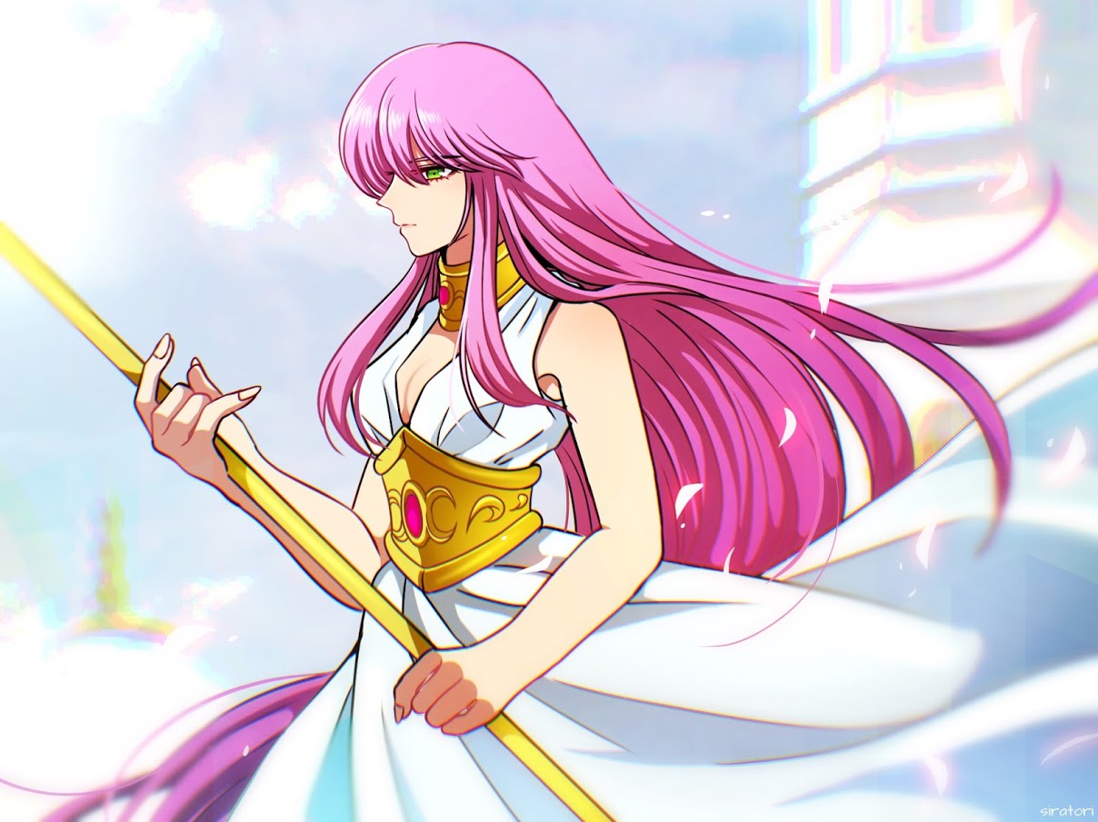1girl, athena_(saint_seiya), bangs, blurry_background, facing_to_the_side, female, floating_hair, greek_columns