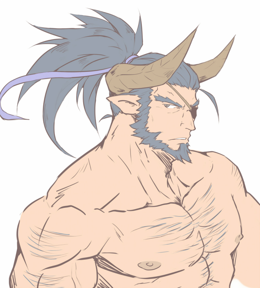 1boy, bara, beard, body_hair, censored, chest, covered_abs, dark_blue_hair, denim, draph, facial_hair, garouza_(granblue_fantasy), granblue_fantasy, highres, horns, kagemaru_(bara), male_focus, manly, mosaic_censoring, muscle, nipples, pectorals, solo