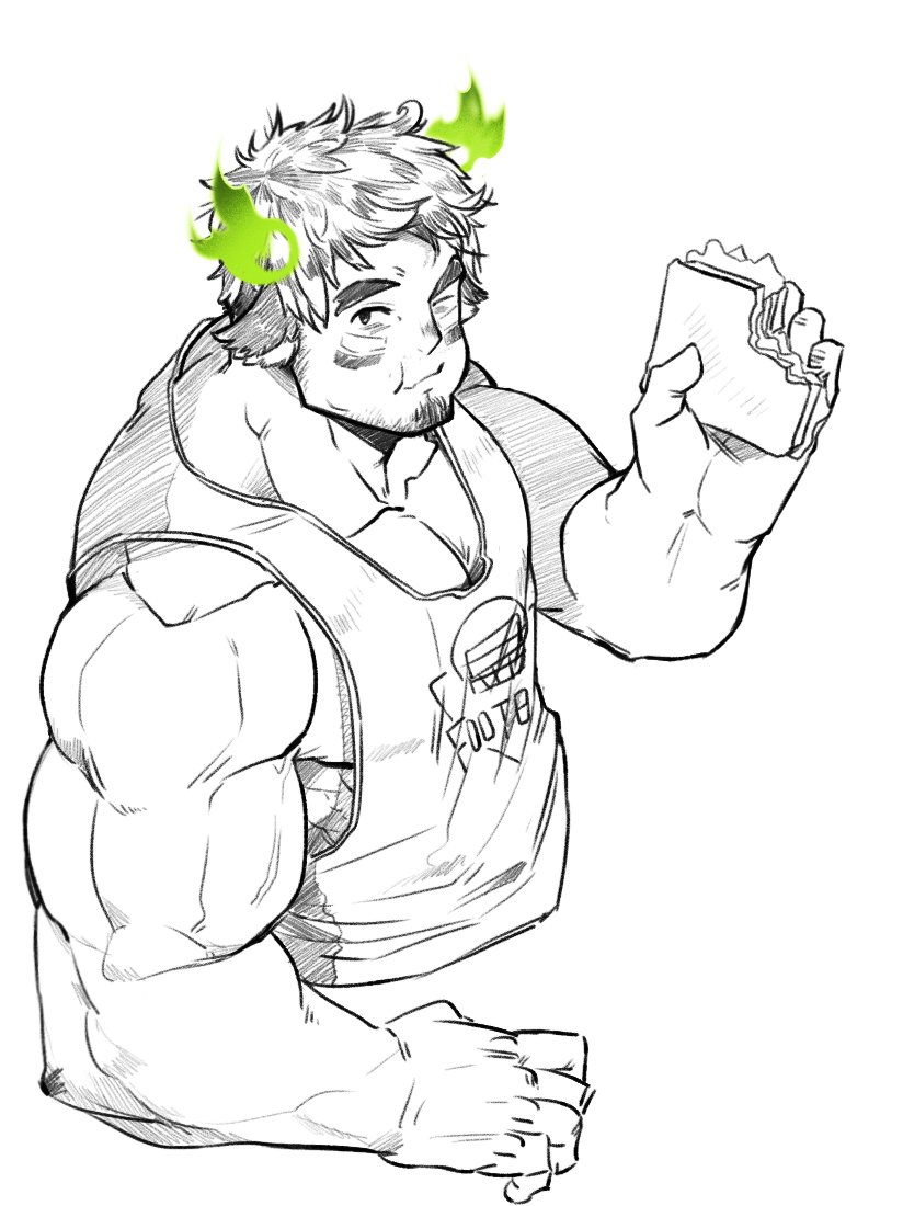 1boy, animal_ears, bara, blush, chest, cropped_torso, eating, facial_hair