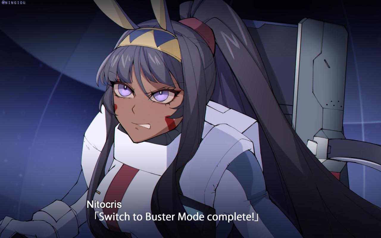 1girl, amuro_ray, amuro_ray_(cosplay), animal_ears, artist_name, bangs, black_hair, char's_counterattack, character_name, clenched_teeth, cockpit, commentary, cosplay, crossover, dark_skin, derivative_work, english_commentary, english_text, fate/grand_order, fate_(series), gundam, hairband, jackal_ears, kyou_(ningiou), long_ponytail, nitocris_(fate/grand_order), pilot_suit, screencap_redraw, solo, srw_battle_screen, super_robot_wars, teeth, violet_eyes