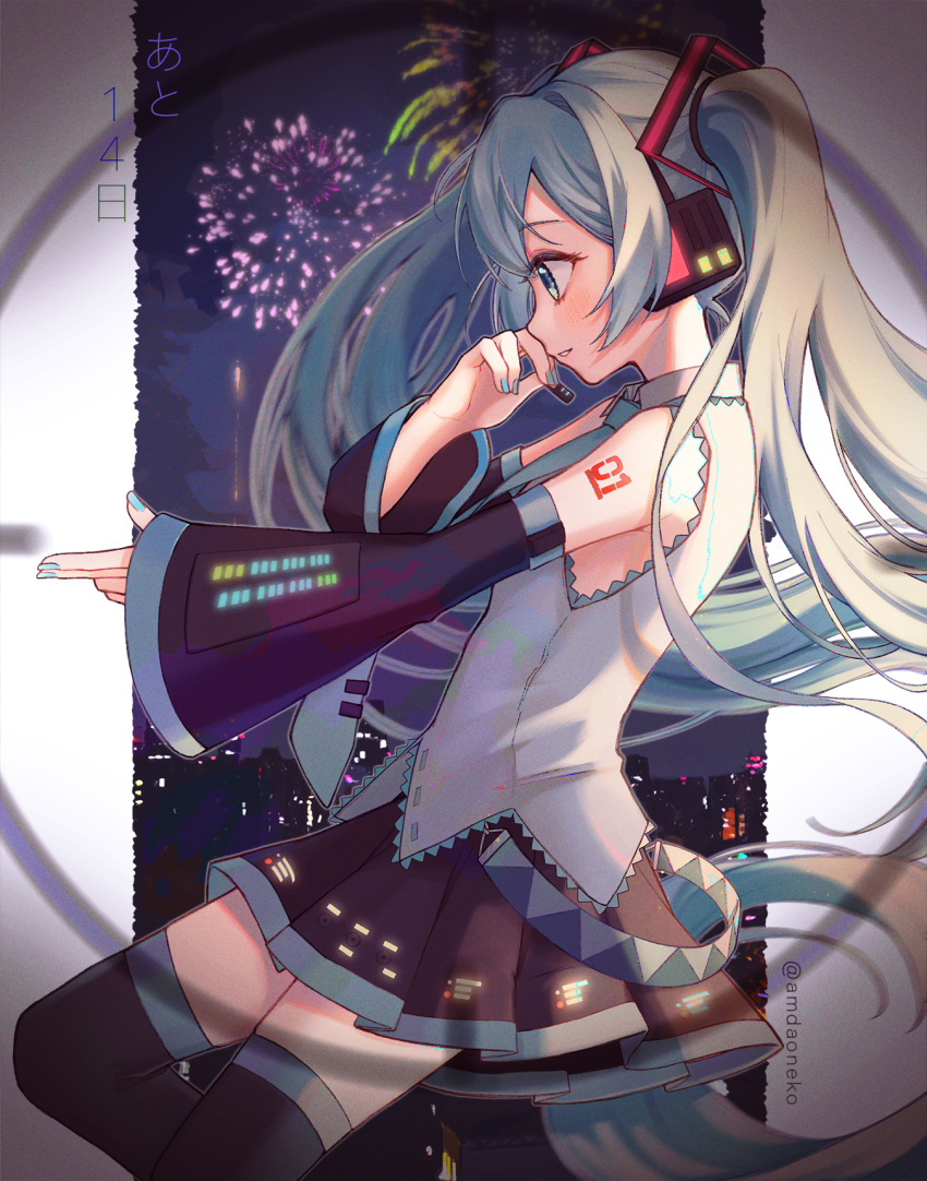1girl, amd_aoneko, arm_tattoo, arm_warmers, blue_eyes, blue_hair, blue_nails, cityscape