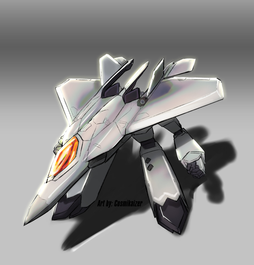 artist_name, clenched_hands, cosmikaizer, english_commentary, f-22_raptor, gerwalk, grey_background, highres