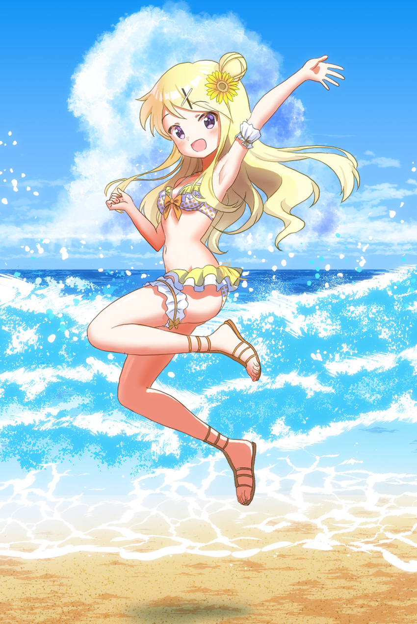 1girl, arm_up, armpits, bangs, bazz000033, bikini, blonde_hair, blush