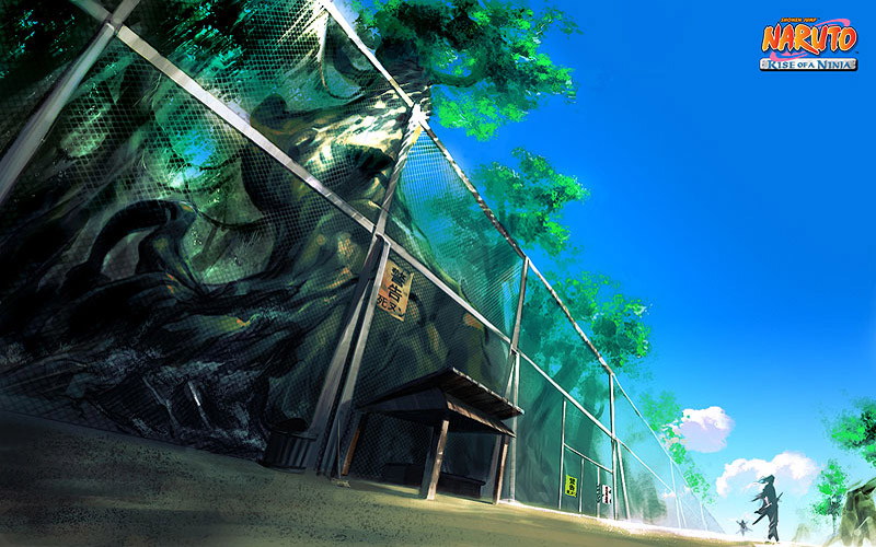 blur, chain-link_fence, concept_art, dutch_angle, fence, forest, naruto, naruto_(tise_of_the_ninja), scenery, scenic_route