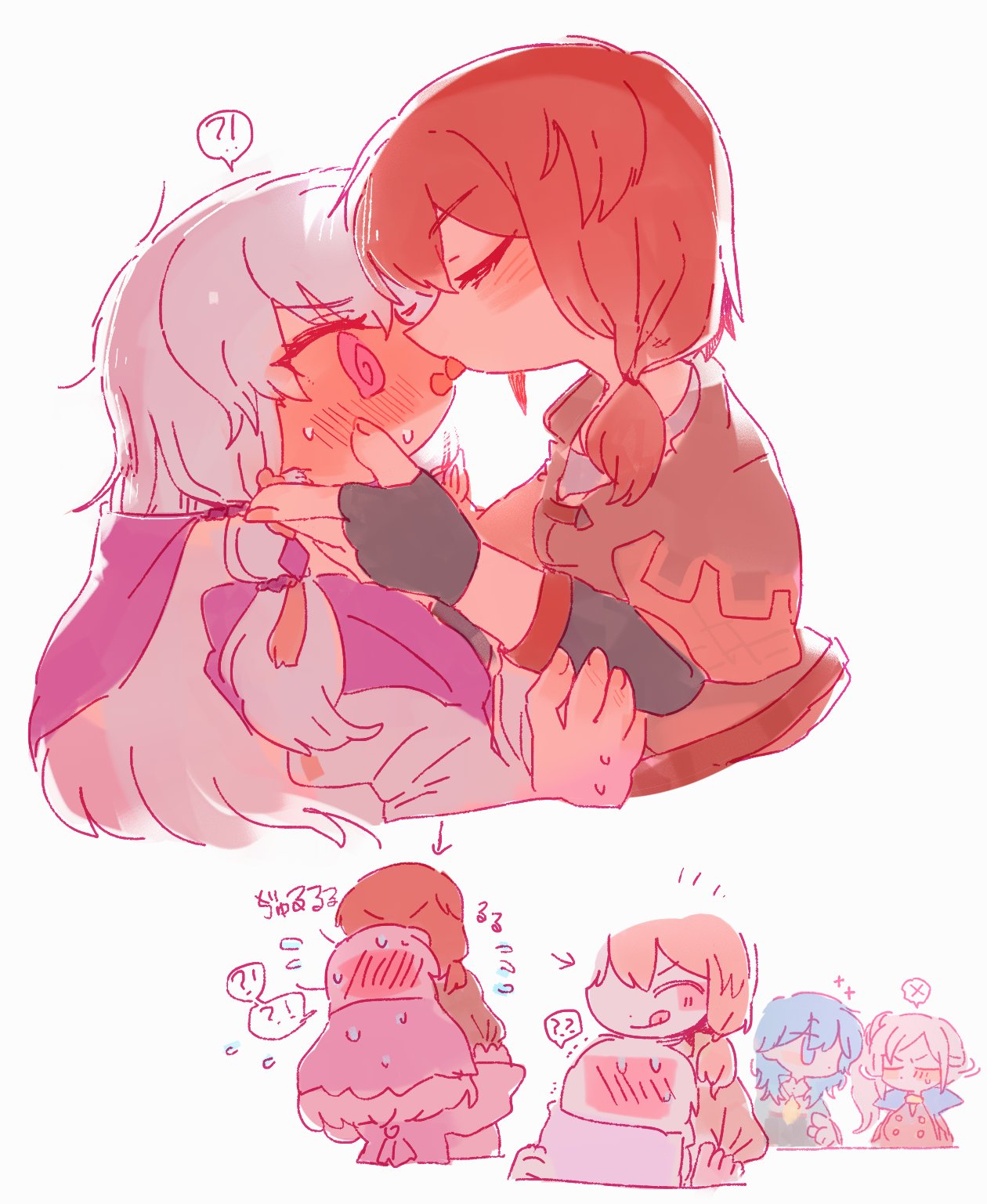 !?, 4girls, ?, ??, @_@, arrow_(symbol), blue_hair, blush