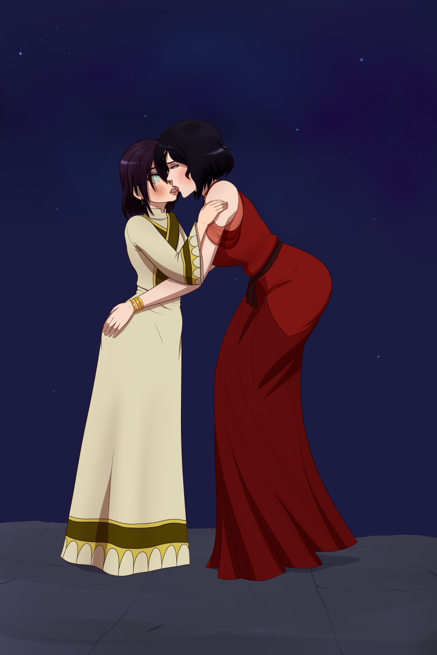 2girls, absurdres, age_difference, alternate_hair_length, alternate_hairstyle, asami_sato, ass_grab, avatar:_the_last_airbender